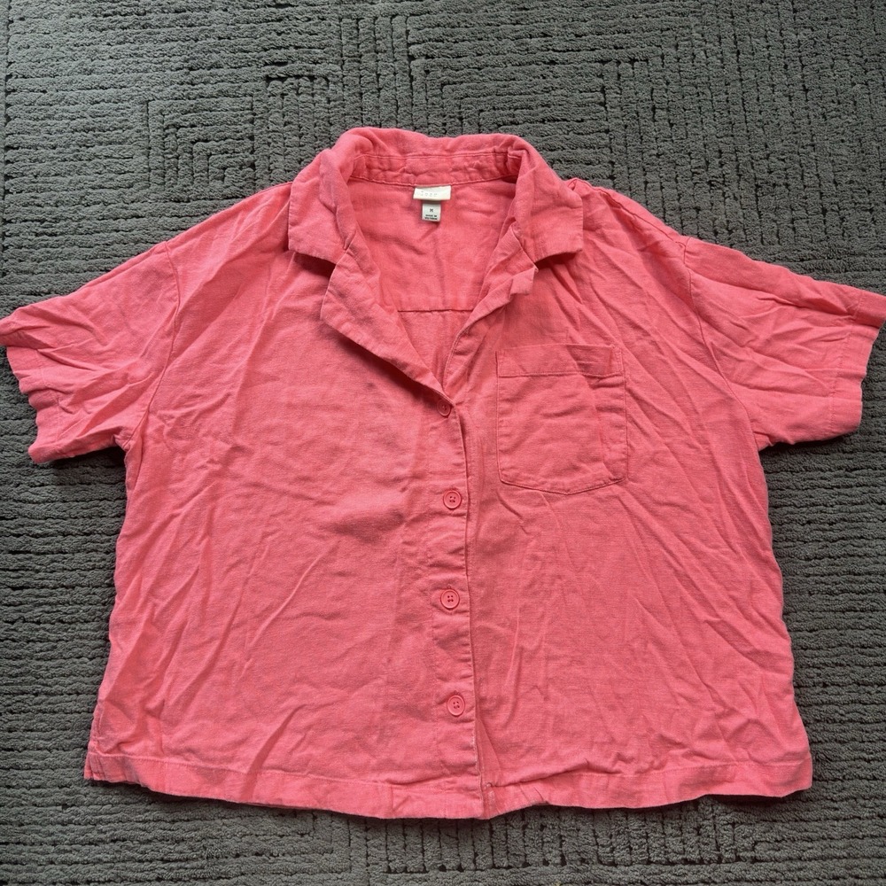 A New Day Pink Linen Top Short Sleeve Button Up Boxy Size Medium